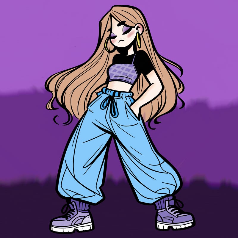 girl in baggy pants crop top and long hair