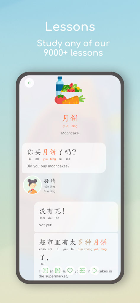 A Mandarin Chinese reading lesson in the Dot Languages app featuring Hanzi characters pinyin and English translations in a chat format