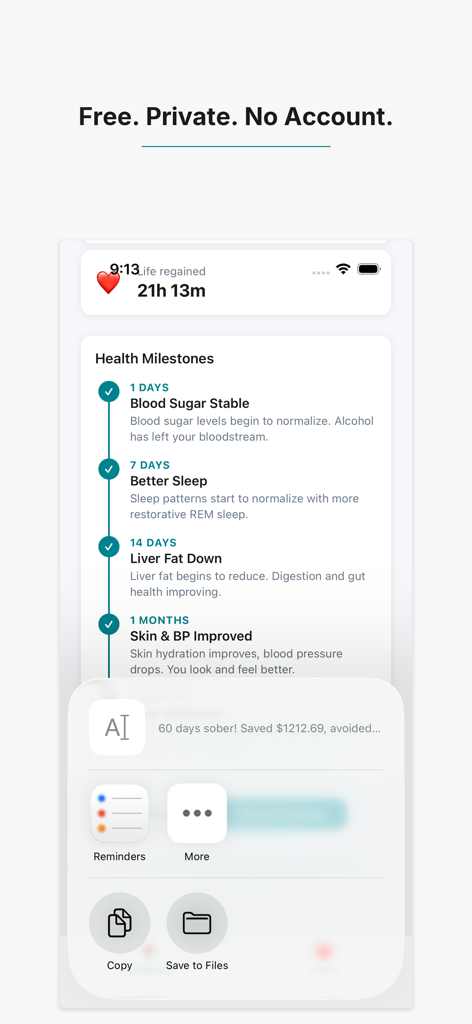 My Sober Journey: Quit Drink - Mobile app screen showing health milestones for sobriety and a privacy focused header