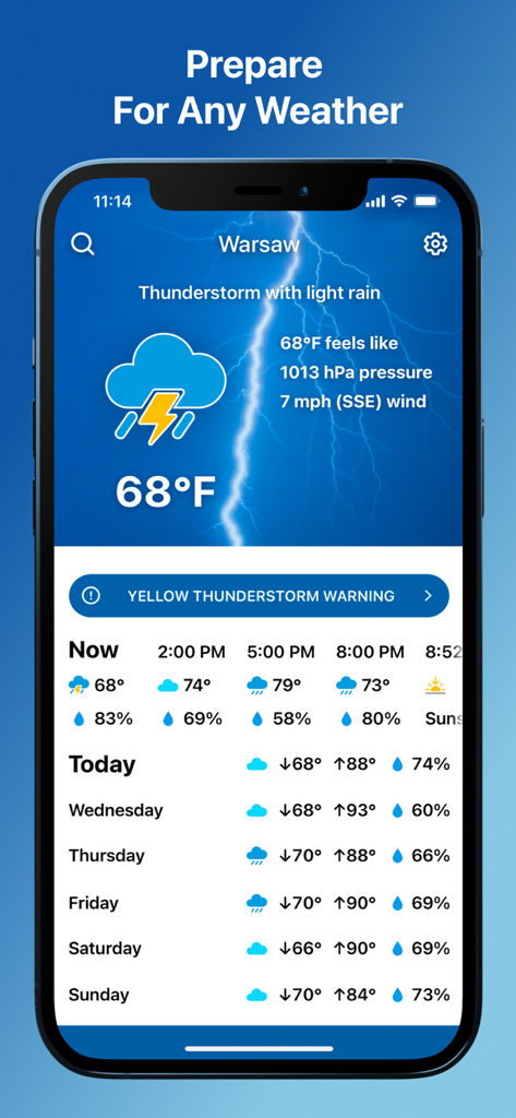 Weather app interface on iPhone with high contrast large text showing a thunderstorm warning and a weekly forecast.