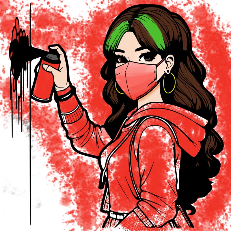 realistic girl with mask spray painting a wall