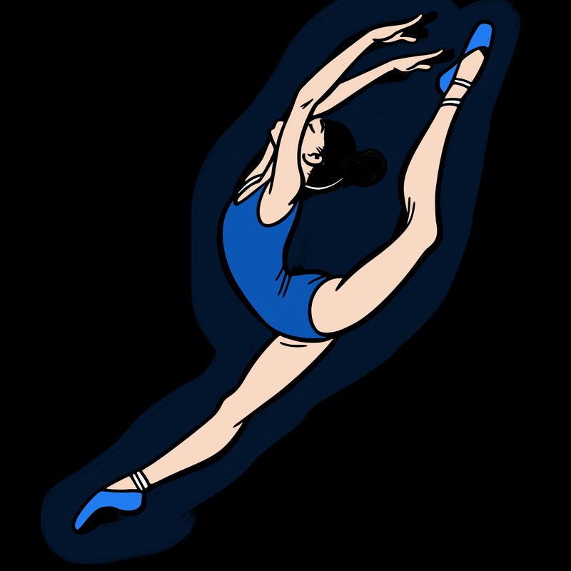 gymnast doing a leap in a leotard with a bent back leg