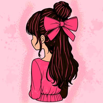 realistic girl  with hip length hair a bun and a big bow on the back of head