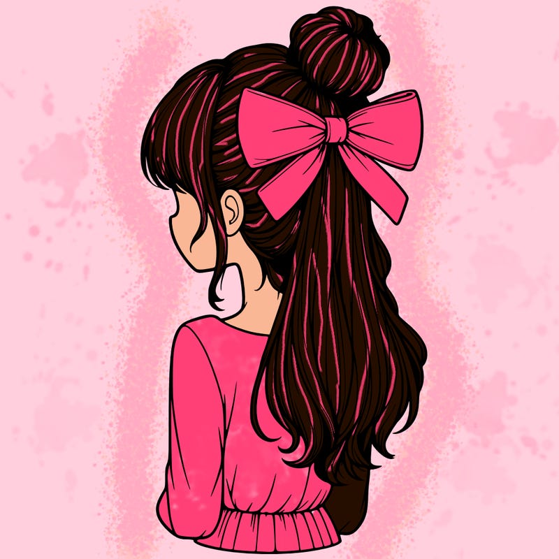 realistic girl  with hip length hair a bun and a big bow on the back of head