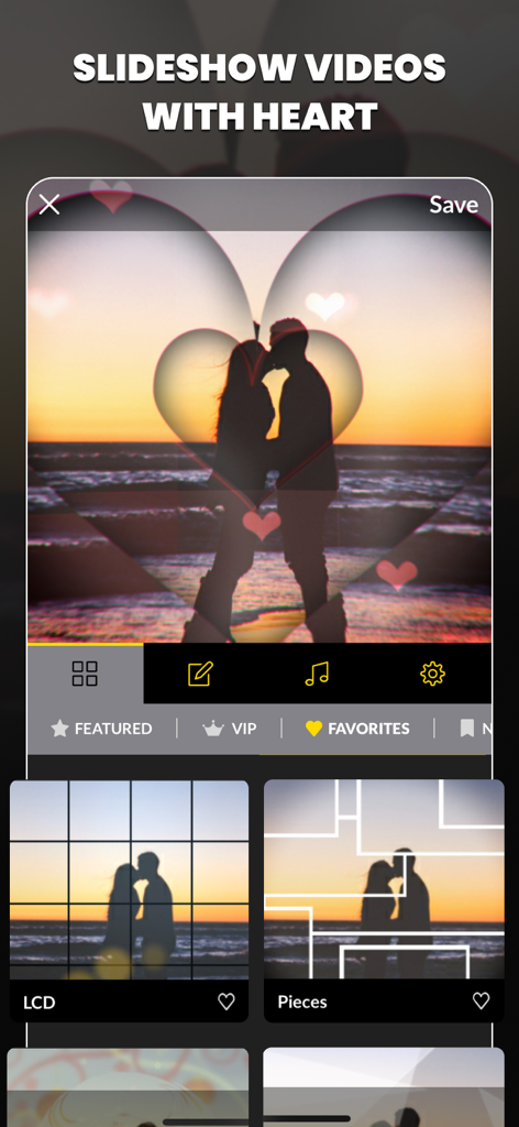 MoShow Slideshow Maker Video - Interface de l'application MoShow montrant un style vidéo en forme de cœur avec la silhouette d'un couple au coucher du soleil.