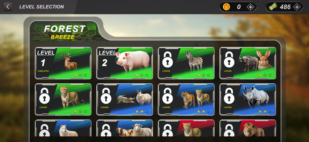 Wild Hunter Deer Hunting Games - Pantalla de selección de nivel en Wild Hunter Deer Hunting Games con varias etapas de caza de animales desbloqueables como ciervos, jabalíes y cebras