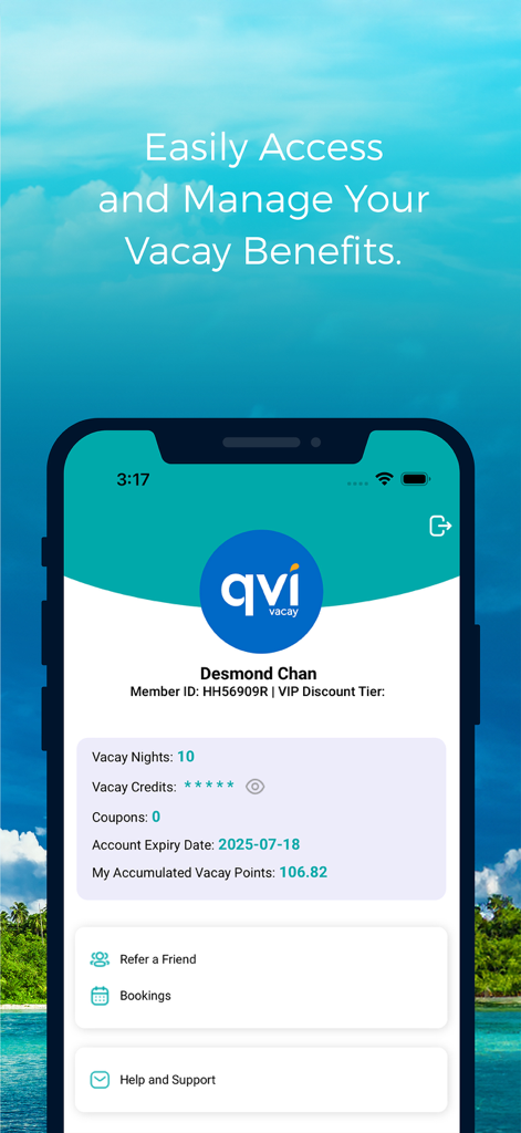 QVI Vacay - Teléfono inteligente que muestra el perfil de usuario de la aplicación QVI Vacay con puntos de membresía y recompensas.
