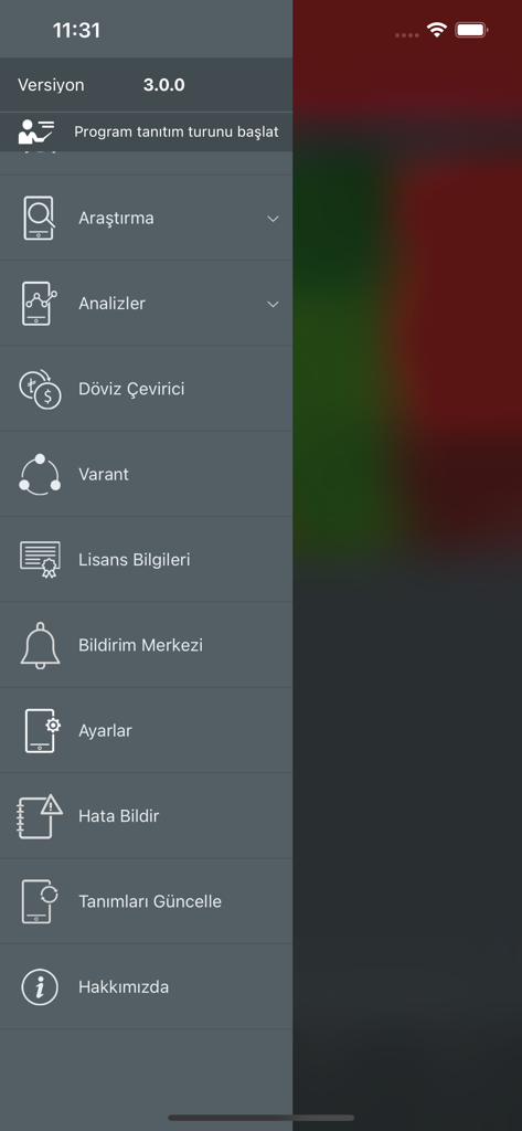 Ziraat Trader Mobile - Ziraat Trader Mobile app side menu with navigation options in Turkish including research and analysis