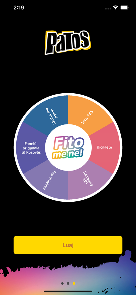 Patos mobile app interface showing a colorful prize wheel with rewards including a Sony PS5 and Samsung phone