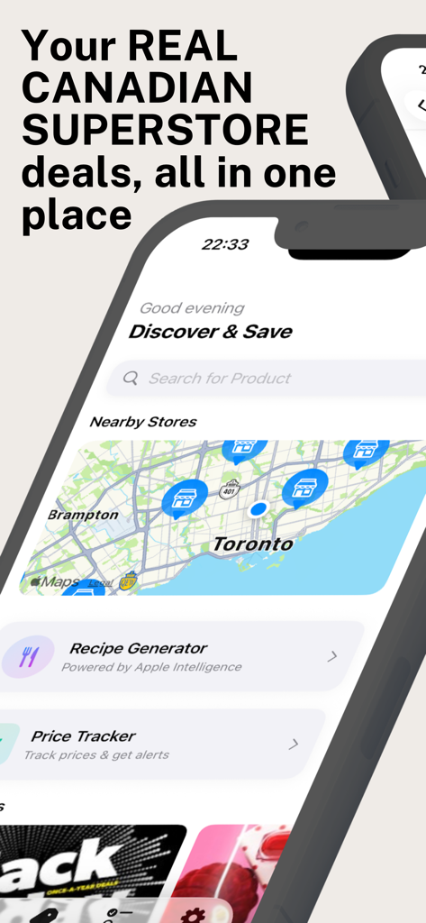 Real Canadian Superstore Deals - Real Canadian Superstore Deals 앱의 인터페이스로 토론토 지역의 식료품점 지도와 레시피 및 가격 추적 기능이 표시됩니다.