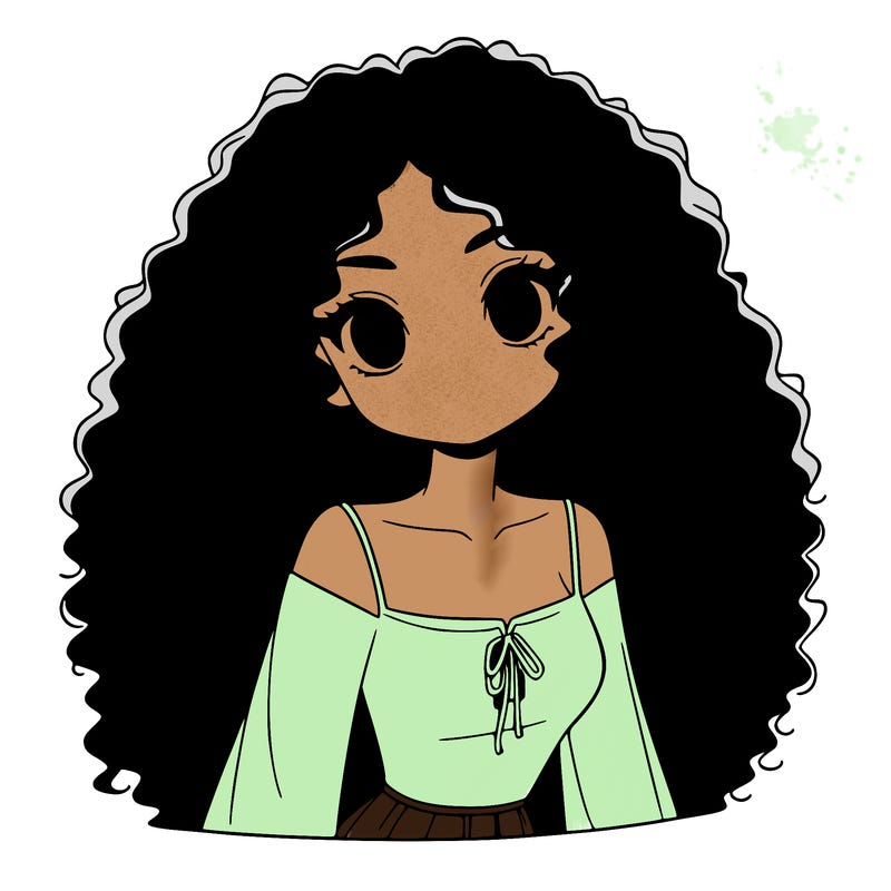 a black anime girl with long afro hair