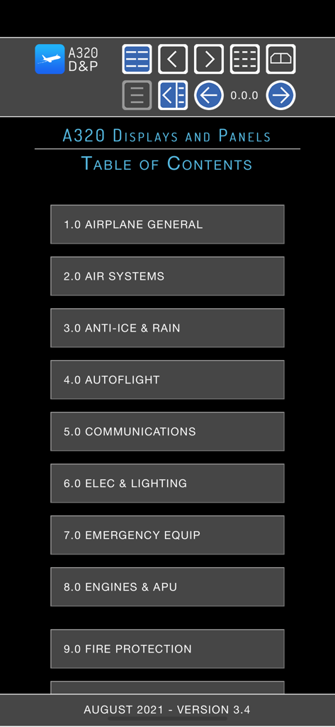 A320 Displays and Panels - Table of contents screen for the A320 Displays and Panels training app showing various aircraft system categories