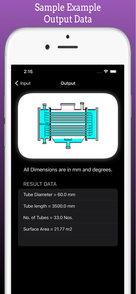 Superficie di scambio calcolata e dimensioni dei tubi per uno scambiatore di calore nell'interfaccia dell'app