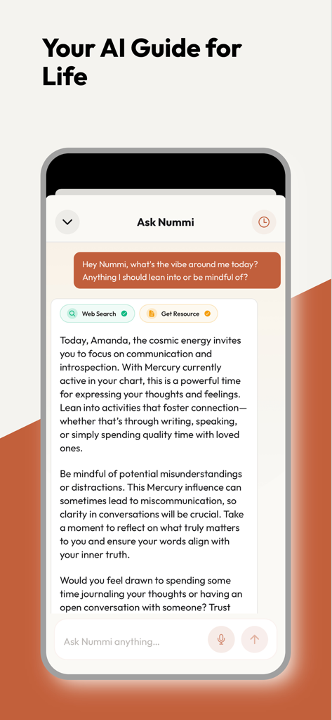 Nummi AI - A mobile screen showing the Nummi AI chat interface providing personalized cosmic guidance based on Vedic astrology.