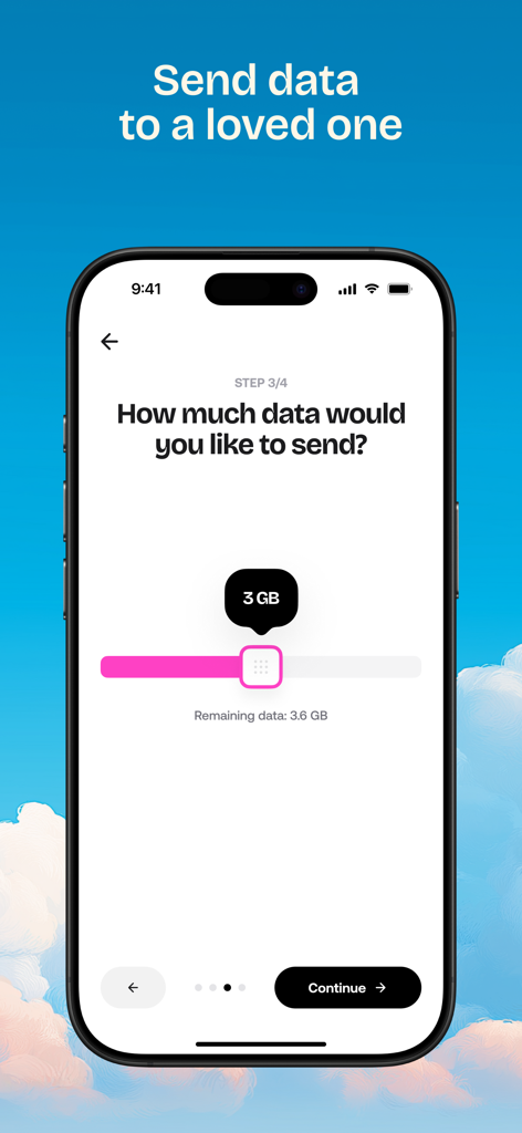 Kolet app screen interface showing a slider to send three gigabytes of travel data to a loved one