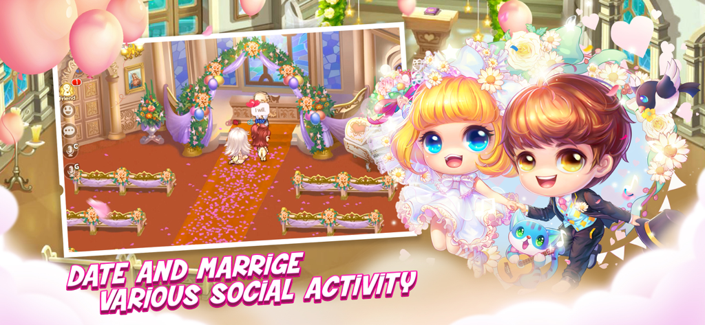 Personagens chibi em uma cerimônia de casamento no sistema social do DDTank Mobile