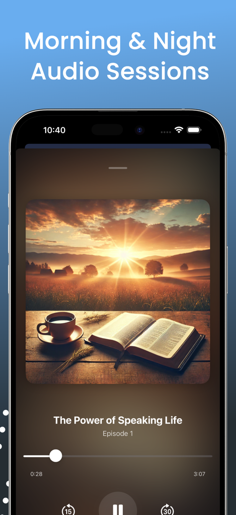 SpeakLife app interface showing a Christian audio meditation session for morning and night with a sunrise and open Bible background.