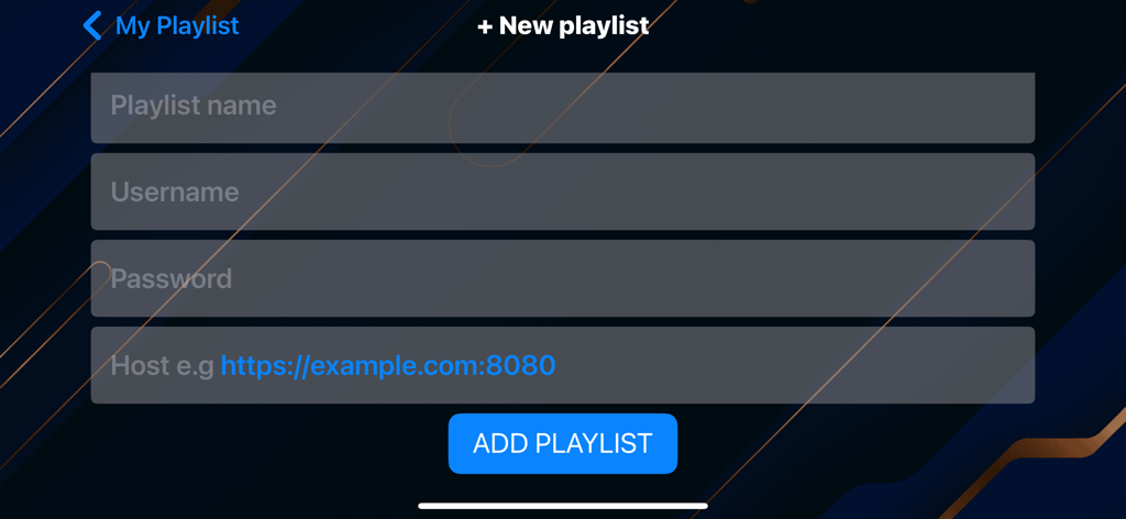 The add new playlist screen in Smart One IPTV Player showing input fields for user credentials and host URL