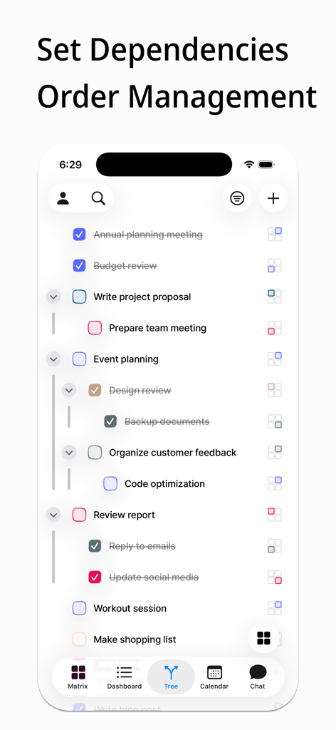 アプリでの依存関係と順序管理を示すタスクツリービュー