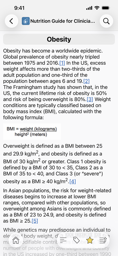 PCRM's Nutrition Guide - Screenshot of the Nutrition Guide for Clinicians app displaying evidence based clinical information and BMI calculations for obesity