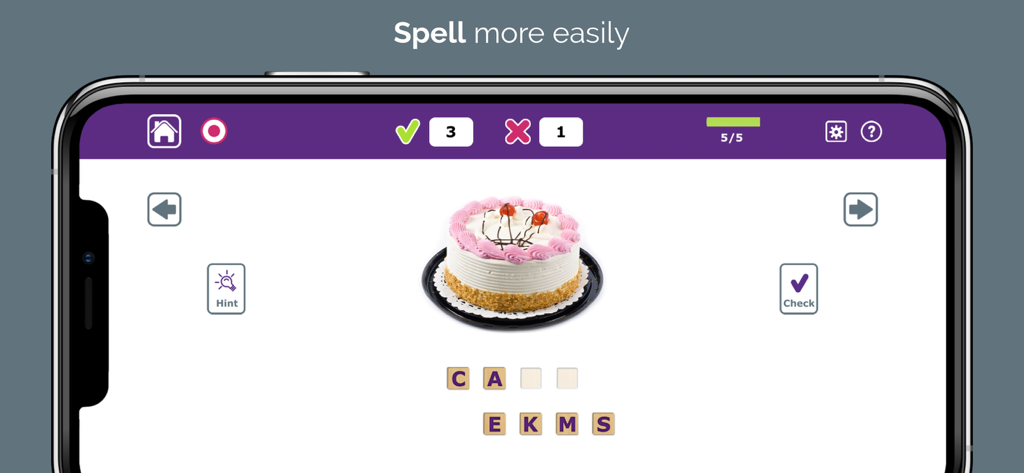 Um exercício de terapia de escrita no aplicativo Language Therapy apresentando uma tarefa de ortografia com a imagem de um bolo.