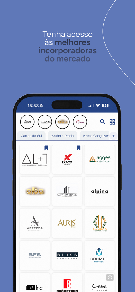 Bloco App - Interface móvel do Bloco App mostrando um diretório de logotipos de incorporadoras imobiliárias e filtros regionais