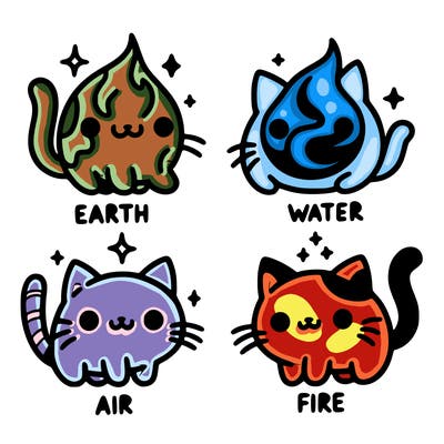 4 cats that represent the different elements, earth, water, air, and fire