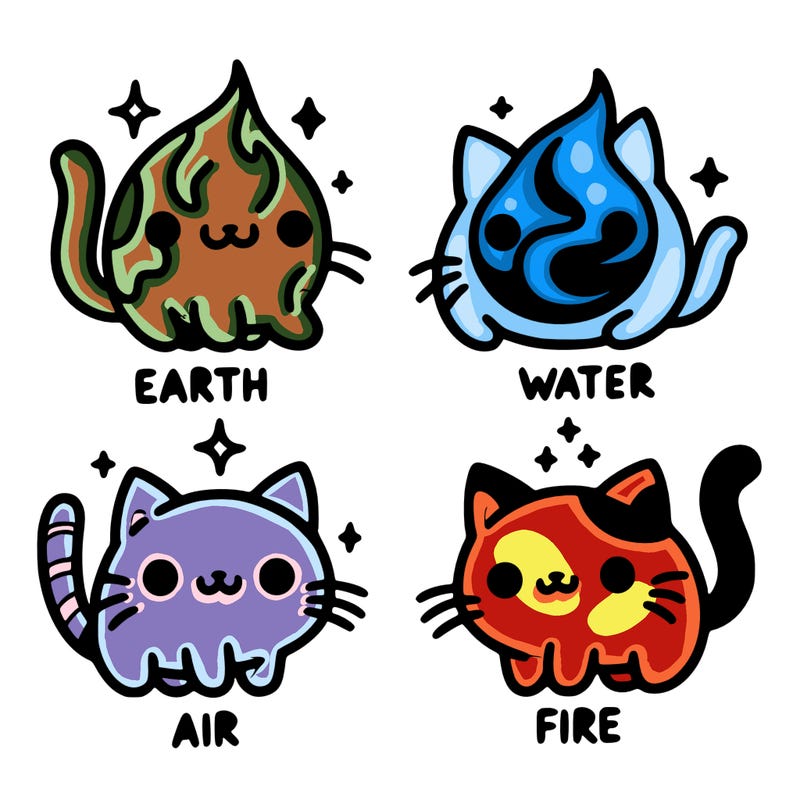 4 cats that represent the different elements, earth, water, air, and fire
