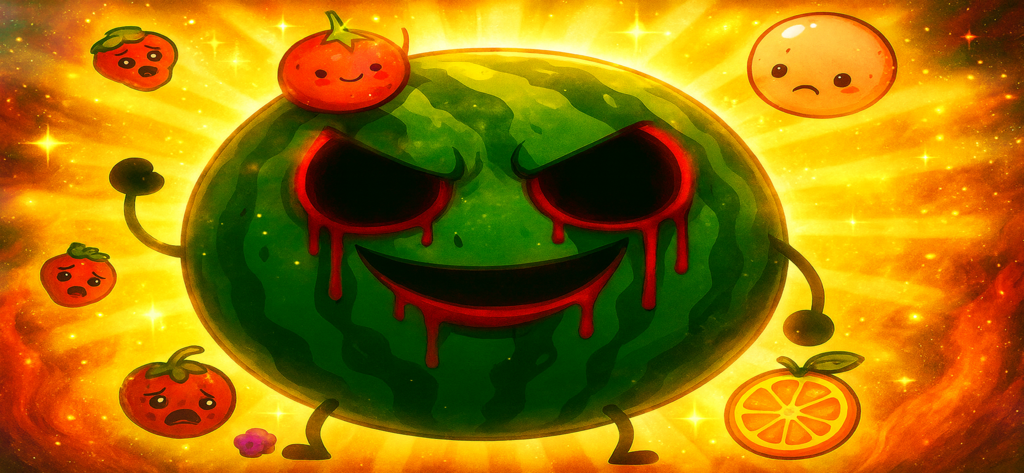 Horror Watermelon Game Merge - A giant scary watermelon with red dripping eyes and a creepy smile surrounded by small worried fruit characters on a fiery background