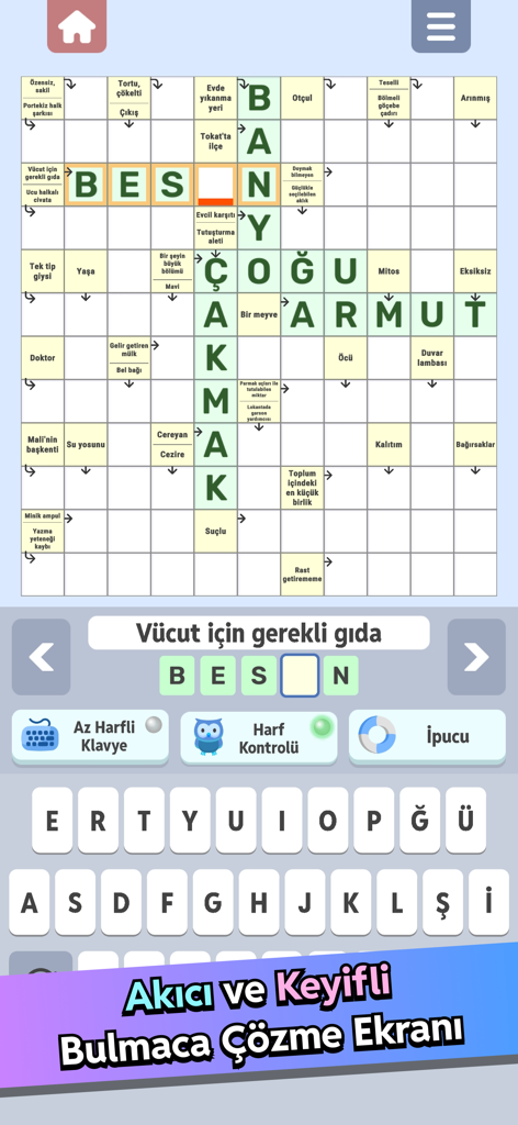 Çengel Bulmaca - Günlük - Interfaccia di gioco di un cruciverba turco con indizi all'interno della griglia e una tastiera mobile