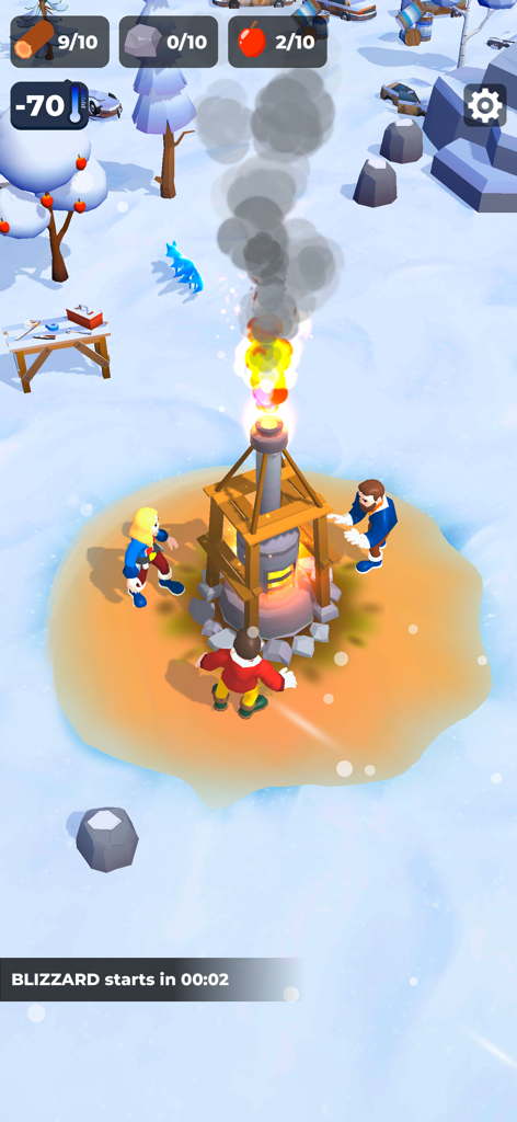 Frost Land Survival - Survivors huddling around a furnace for warmth in a snowy landscape with resource icons and a blizzard countdown.