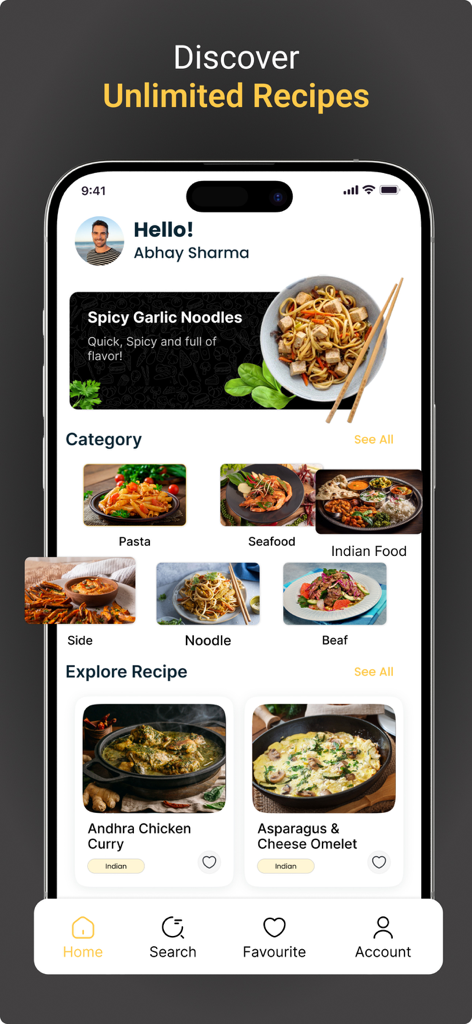 Tasty Meal Recipes 앱 홈 화면에 레시피 카테고리와 추천 요리가 표시되어 있습니다.