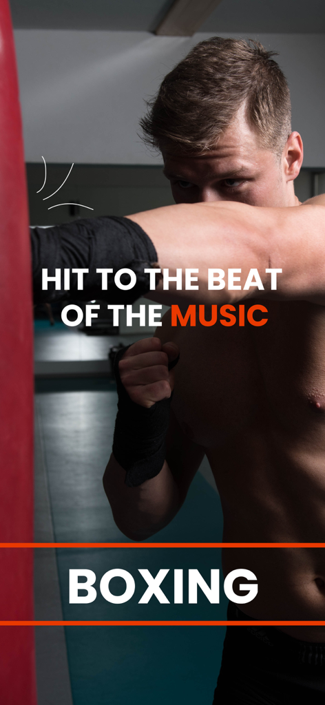 GoHit - Kickboxing Workout - Un hombre golpeando un saco pesado con texto promocionando entrenamientos de boxeo basados en ritmo