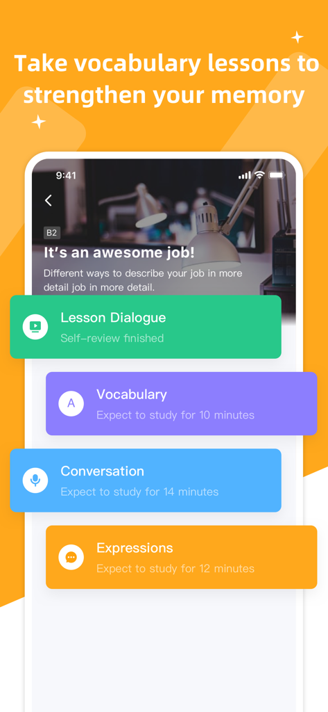 Interfaccia dell'app HelloTalk English Talk che mostra moduli di lezioni per vocabolario, conversazione ed espressioni