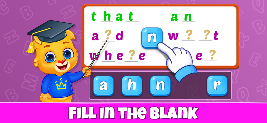 Sight Words - Pre-k to 3rd - Un maestro gato de dibujos animados guiando a un niño a través de un juego de deletreo de completar espacios en blanco para palabras de uso frecuente.