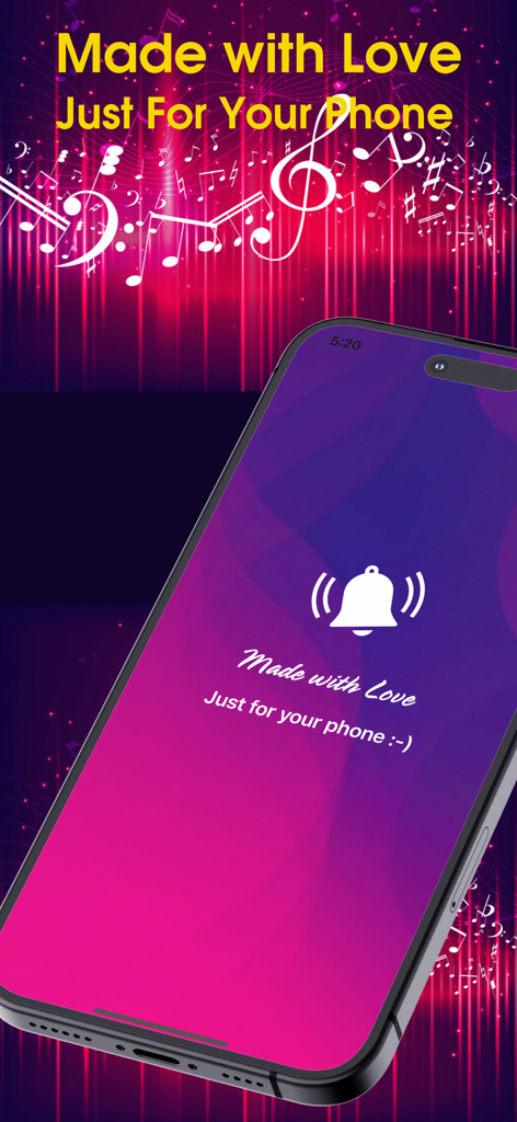 iPhone displaying a custom ringtone app with a vibrant purple background and musical notes