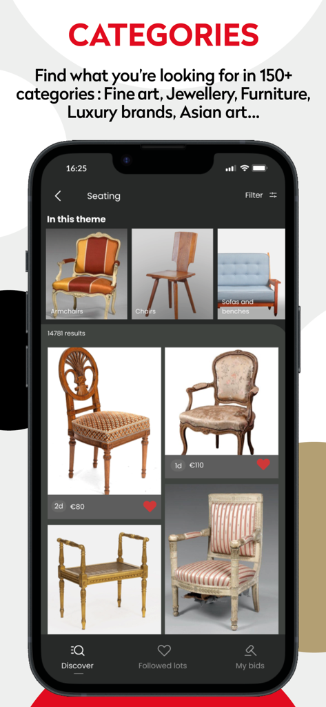 Drouot.com - Live Auctions - Drouot app interface showing seating categories and antique chairs available for auction