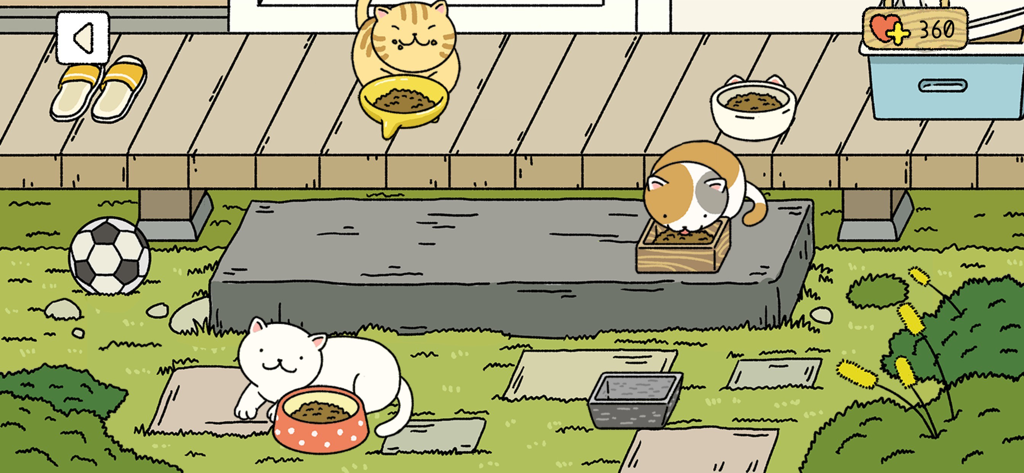 Adorable Home - Three cute cartoon cats eating from food bowls in a peaceful backyard garden