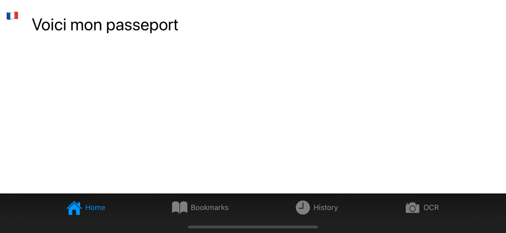 Oberfläche der Übersetzer-App, die französischen Text und ein Navigationsmenü zeigt.