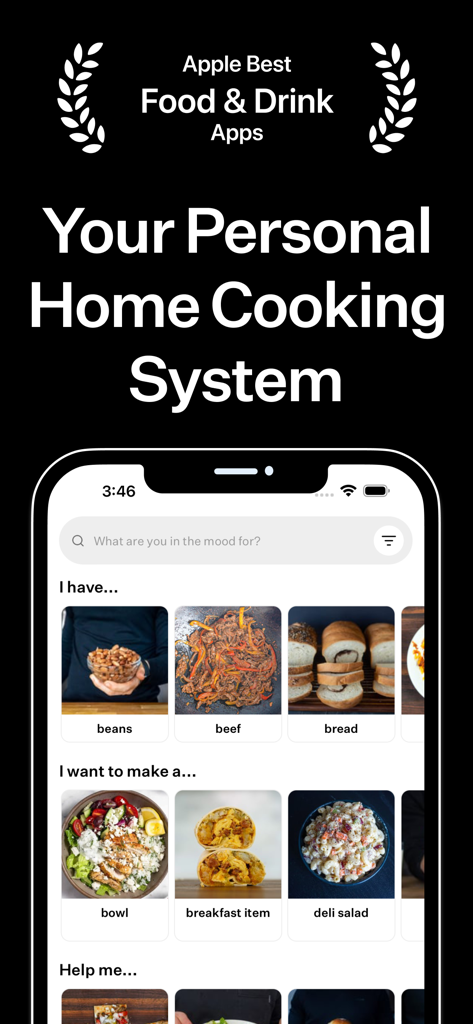 Cook Well - For Home Cooks - Cook Well app interface on iPhone showing recipe discovery based on ingredients and meal types