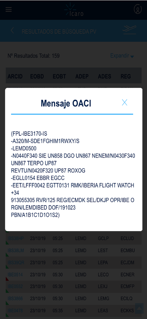 A detailed ICAO flight plan message displayed in a popup within the ICARO mobile app interface.