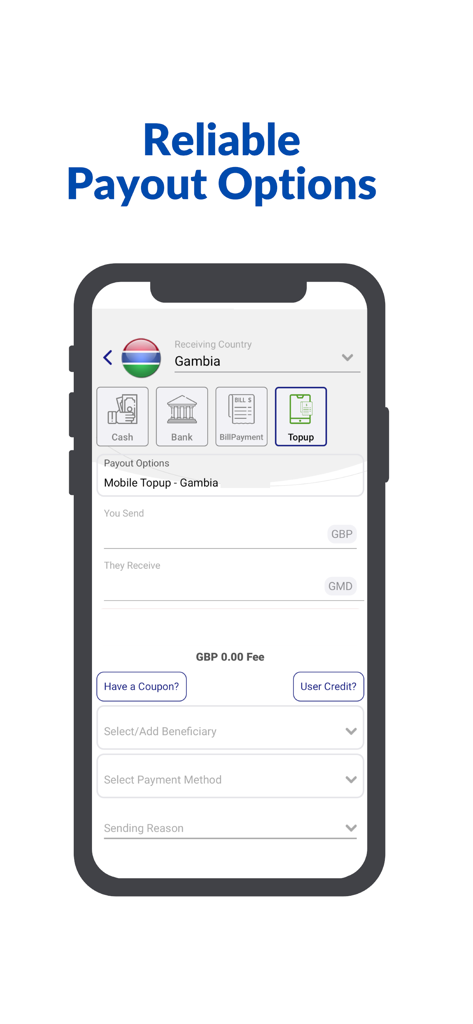 Supersonicz - Supersonicz app interface showing money transfer options to Gambia including cash pickup, bank deposit, bill payment, and mobile topup.