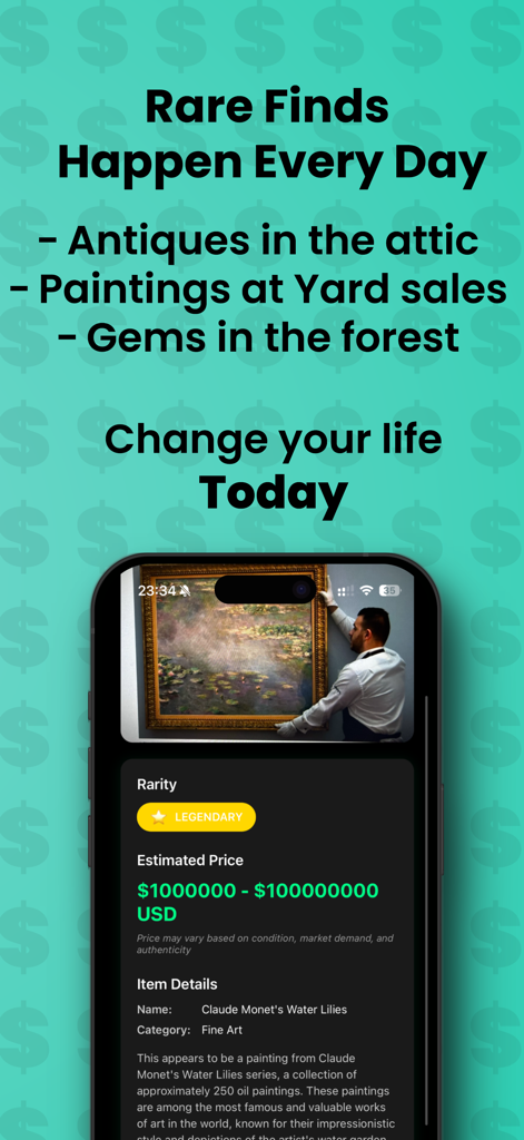 Antique Identifier: Pawn Shop - Pantalla de smartphone que muestra una rareza legendaria y una alta estimación de precio para una pintura de bellas artes en la aplicación Identificador de Antigüedades