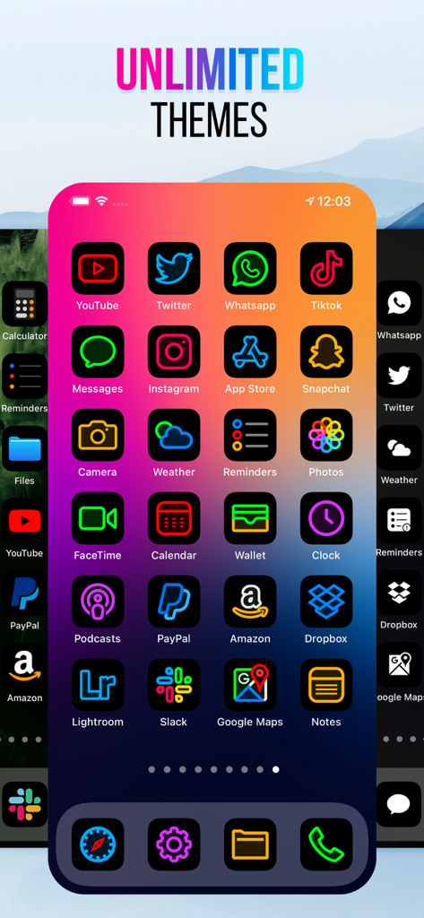 Themes - Icons App & Widget - Iconos de aplicaciones personalizados de neón y fondo de pantalla degradado en una pantalla de inicio de iPhone.
