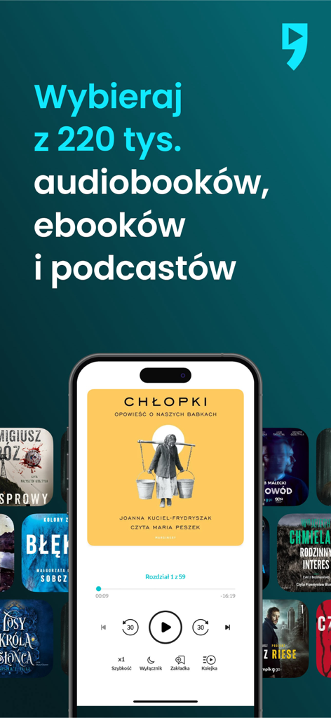 Empik Go app interface showing an audiobook player with a selection of Polish titles