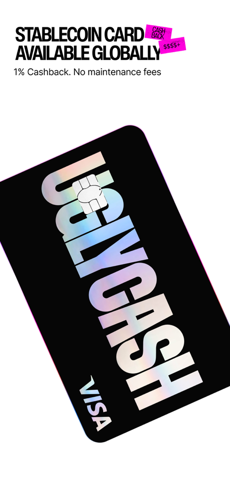Eine schwarze UGLYCASH Visa-Karte mit holografischem Text und 1 % Cashback-Angebot