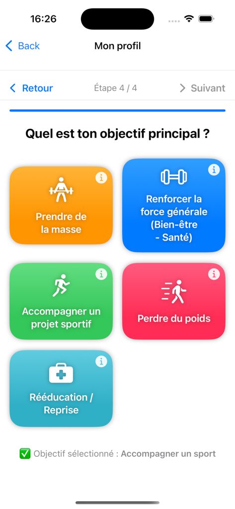EPS Muscu AI - Pantalla de la aplicación móvil que muestra cinco opciones de objetivos de fitness para la configuración del perfil, incluyendo ganancia muscular y pérdida de peso.