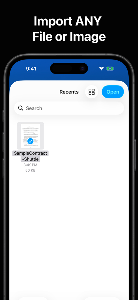PDFに変換するドキュメントや画像を選択するためのファイルインポートインターフェースを表示するモバイル画面