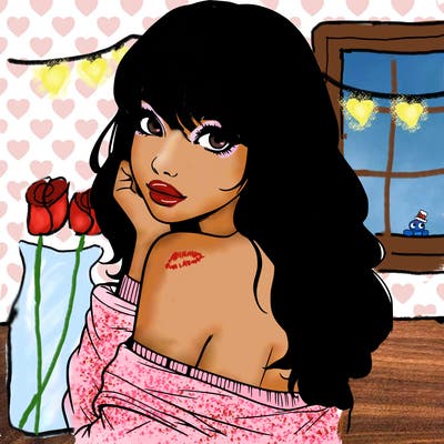 realistic girl with bangs looking over her shoulder