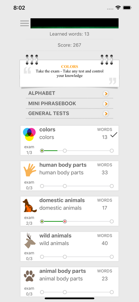 Dashboard einer Sprachlern-App, die Vokabelkategorien wie Farben, Körperteile und Tiere mit Fortschrittsverfolgung anzeigt.